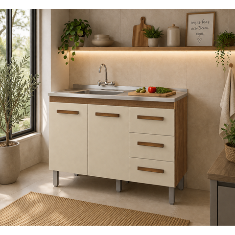 Balcão Gabinete para Pia 120cm Bianca sem Cuba/Tampo - Savana/Off White