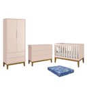 Ver imagem 1 de Dormitório Infantil Classic 2 Portas, Cômoda 6 Gavetas, Berço Rosa Fosco com Pés Amadeirado e Colchã