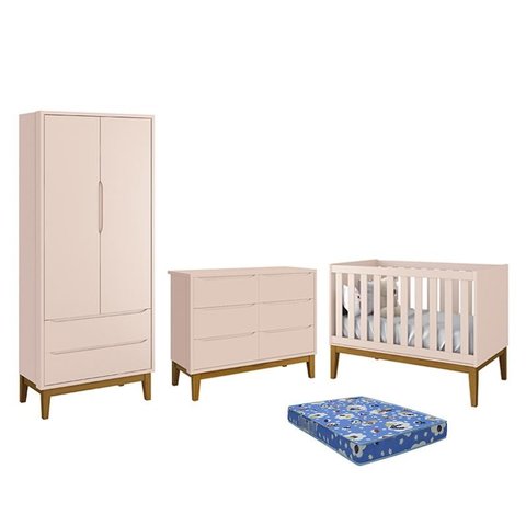 Dormitório Infantil Classic 2 Portas, Cômoda 6 Gavetas, Berço Rosa Fosco com Pés Amadeirado e Colchã