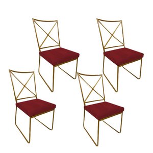 Kit 04 Cadeiras Sala de Jantar Escritório Office Clark Industrial Ferro Dourado Corino Vermelho - Am