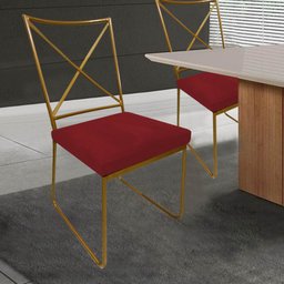 Kit 04 Cadeiras Sala de Jantar Escritório Office Clark Industrial Ferro Dourado Corino Vermelho - Am - 2