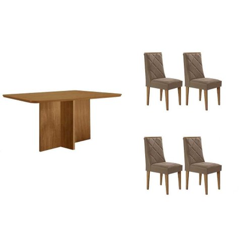 Sala de Jantar Completa Berlim C/ Tampo Madeirado Canto Curvo 120x80cm e 4 Cadeiras Pietá Naturale