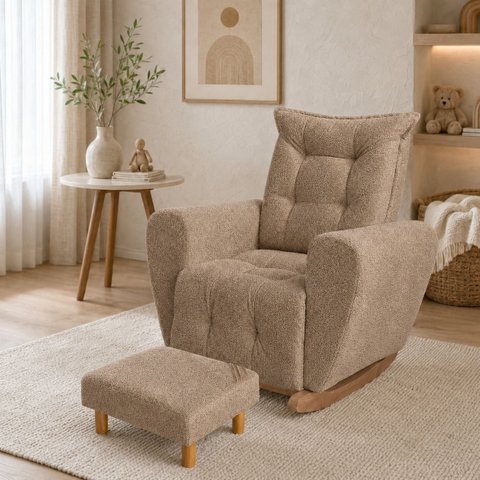 Poltrona de Amamentação Balanço com Puff Ternura em Bouclê Elegância e Design Moderno Capuccino