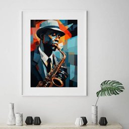 Quadro Músico Jazz- Pintura Geométrica - 60x48cm:madeira Preta - 1 Quadro Músico Jazz- Pintura Geométrica - 60x48cm:madeira Preta - 1