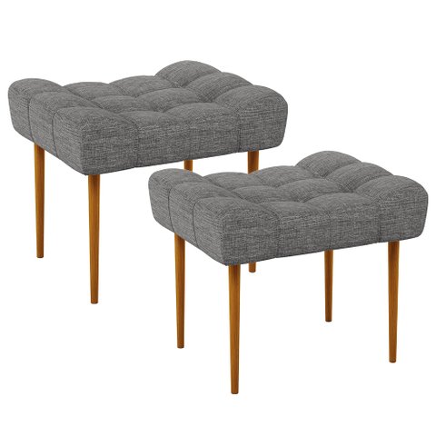 Kit 02 Puffs Decorativo Para Sala De Estar Requinte L02 Linho Cinza Escuro - Lyam Decor