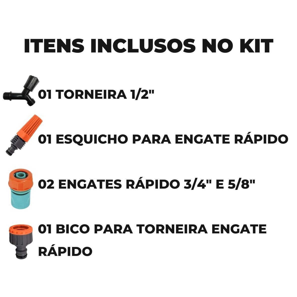 Esguicho P/ Engate Rápido C/ Jato Regulável +Torneira +Engate Rápido 3/4" e 5/8" +Bico Engate Rápido - 3