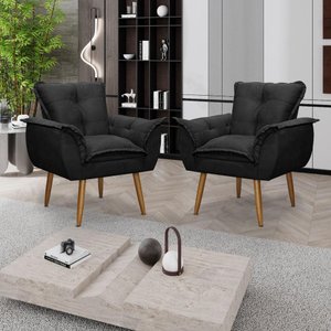 Kit 02 Poltronas Decorativas Opala Lux Sala Recepeção Preto - Visan Estofados