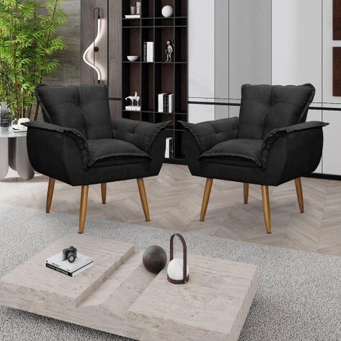 Kit 02 Poltronas Decorativas Opala Lux Sala Recepeção Preto - Visan Estofados