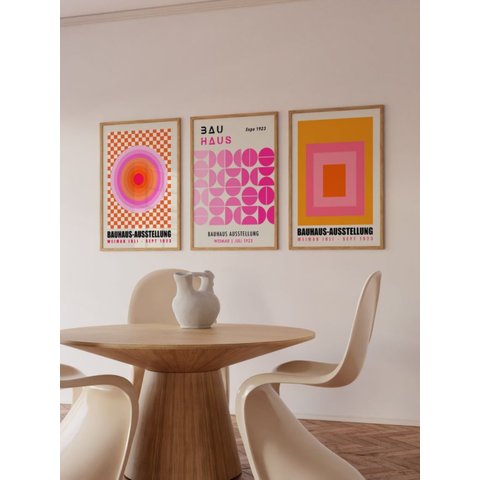 Kit 3 Quadros Decorativos Bauhaus Laranja e Rosa