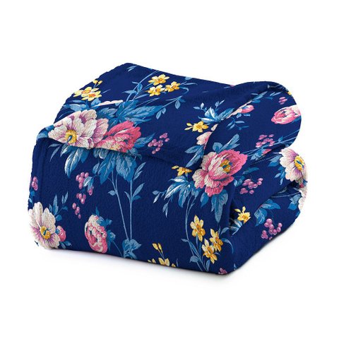 Cobertor de Casal Manta Microfibra Antialérgico 1,8x2,2m Azul e Floral Rosa e Amarelo Camesa