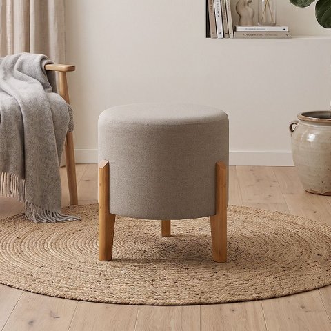 Puff Elegance em Linho com Pés de Madeira Design Minimalista para Sala Moderna Sofisticada - Bege