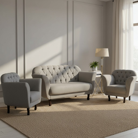 Kit Namoradeira + 2 Poltronas Decorativa Dália Linho Cinza Pés Madeira