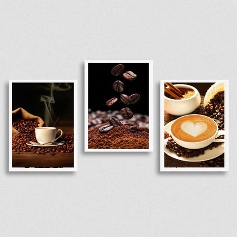 Kit 3 Quadros Fotografia Grãos De Café 45x34cm:Madeira branca