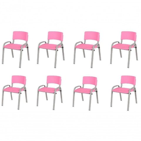 Kit 8 Cadeira Iso Infantil Creche, Base Cinza Rosa