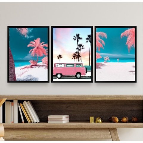 Kit 3 Quadros Decorativos Praia Kombi rosa 45x34cm:madeira Preta