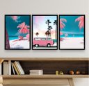 Ver imagem 1 de Kit 3 Quadros Decorativos Praia Kombi rosa 45x34cm:madeira Preta