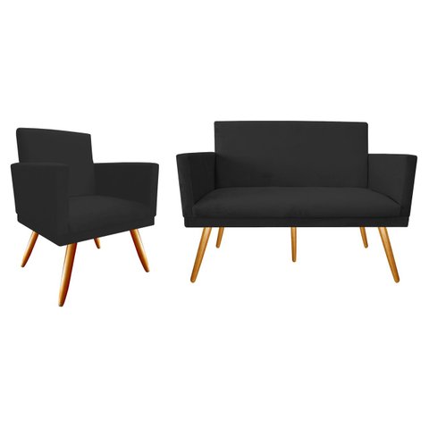 Kit Namoradeira + 1 Poltrona Decorativa Nina Suede Preto Pés Madeira Mz Decor