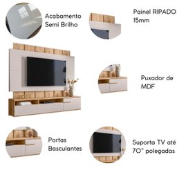 Painel Home Suspenso Tv 70" Firenze Ripado Portas Basculantes:carvalho Teca/off White Ártico - 4