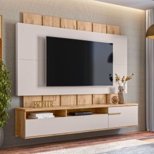 Painel Home Suspenso Tv 70" Firenze Ripado Portas Basculantes:carvalho Teca/off White Ártico