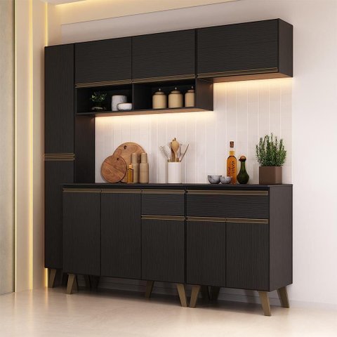Cozinha Compacta Atlanta Aria 10 Portas 2 Gavetas MDP 195.5cm Preto Móveis Carraro