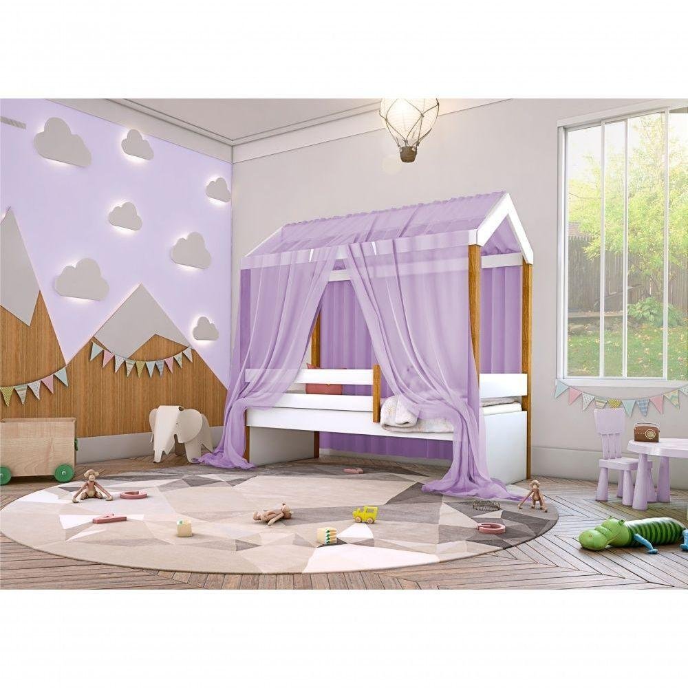 Cama Montessori Cabana Solteiro Com Dossel Lilás - 2