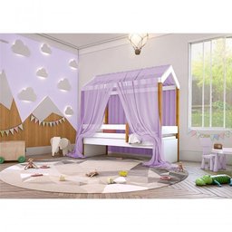 Cama Montessori Cabana Solteiro Com Dossel Lilás - 2