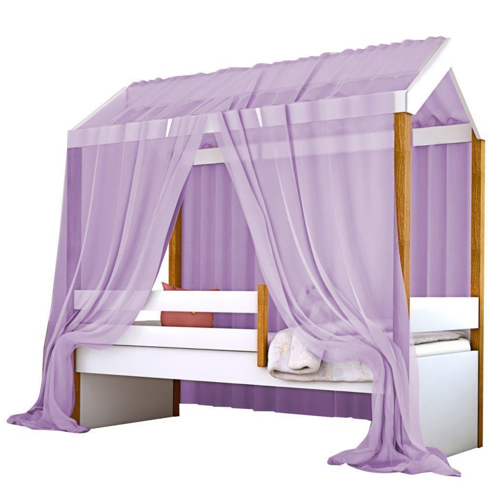 Cama Montessori Cabana Solteiro Com Dossel Lilás