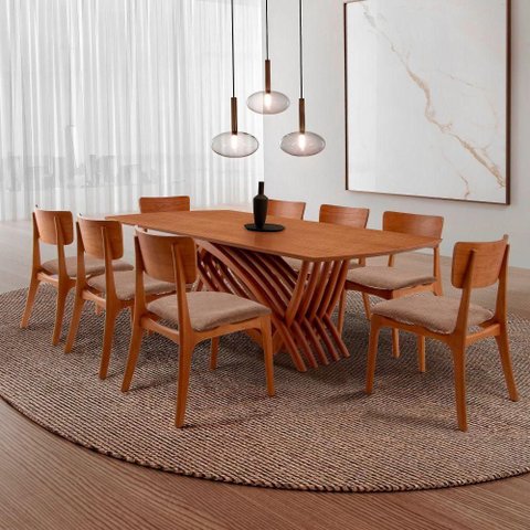 Conjunto de Jantar Venus 8 Lugares Tampo em Madeira Cadeiras Viena Gold Imbuia 220cm Moderna