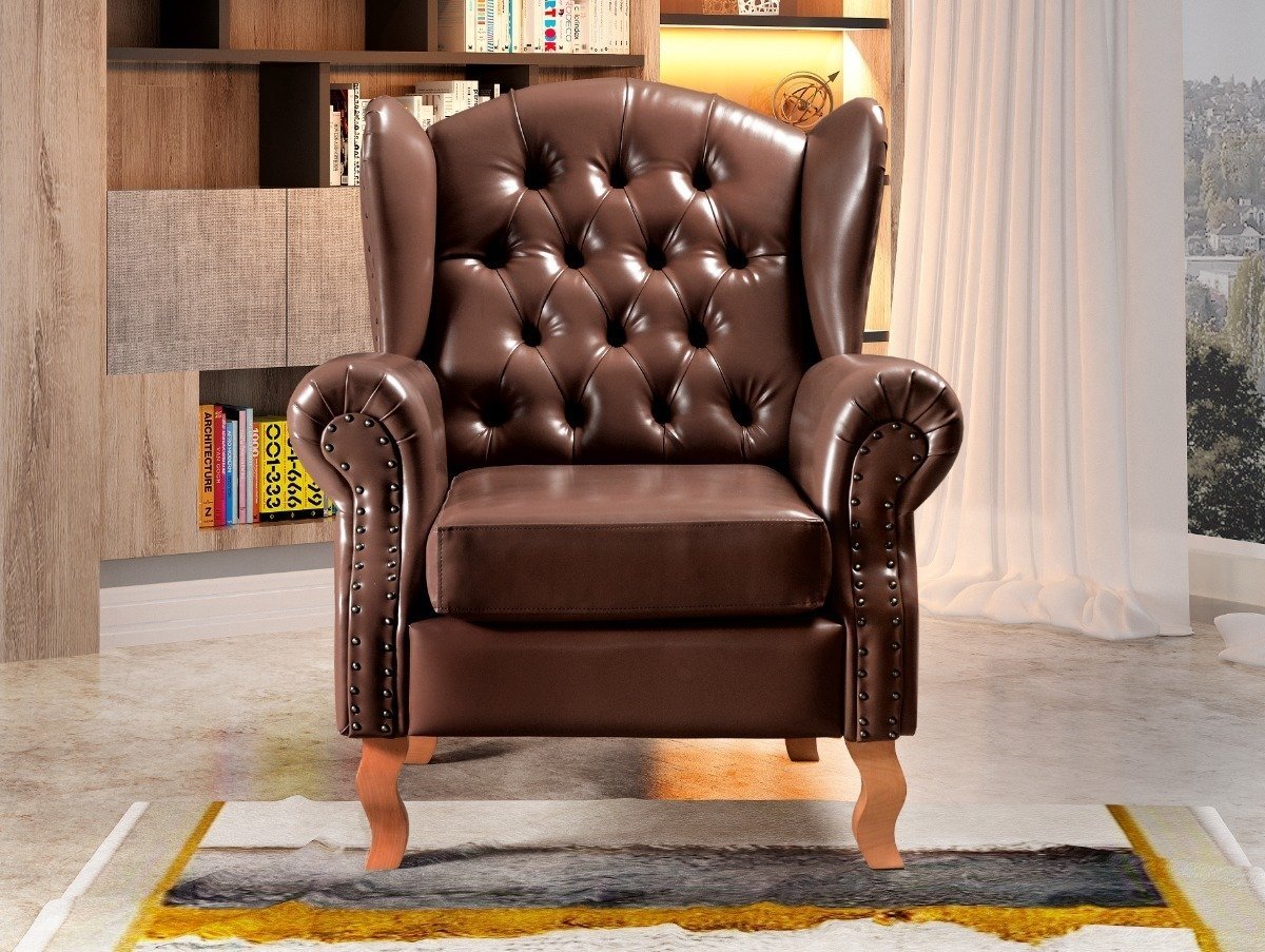 Poltrona Imperador Chesterfield com Puff Decoração Sala Quarto Recepção - Couríssimo Café - 7