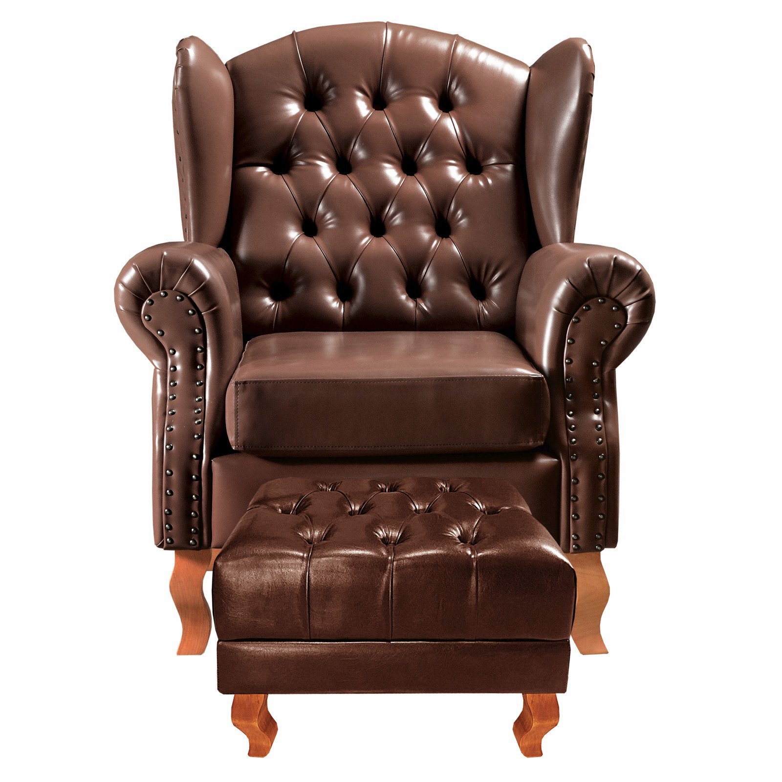 Poltrona Imperador Chesterfield com Puff Decoração Sala Quarto Recepção - Couríssimo Café - 4