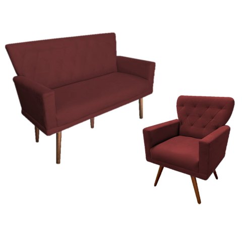 Kit Namoradeira + 1 Poltrona Decorativa Aurora Suede Marsala Pés Madeira Mz Decor