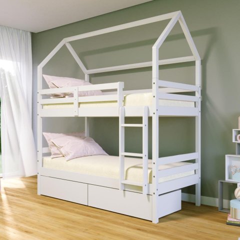 Beliche Casinha Solteiro Slim Rb com 02 Gavetas Madeira Maciça Branco Housin