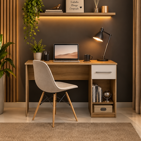 Escrivaninha Office 120cm com Gaveta e Espaço para Computador Mel/Branco - Mademóvel