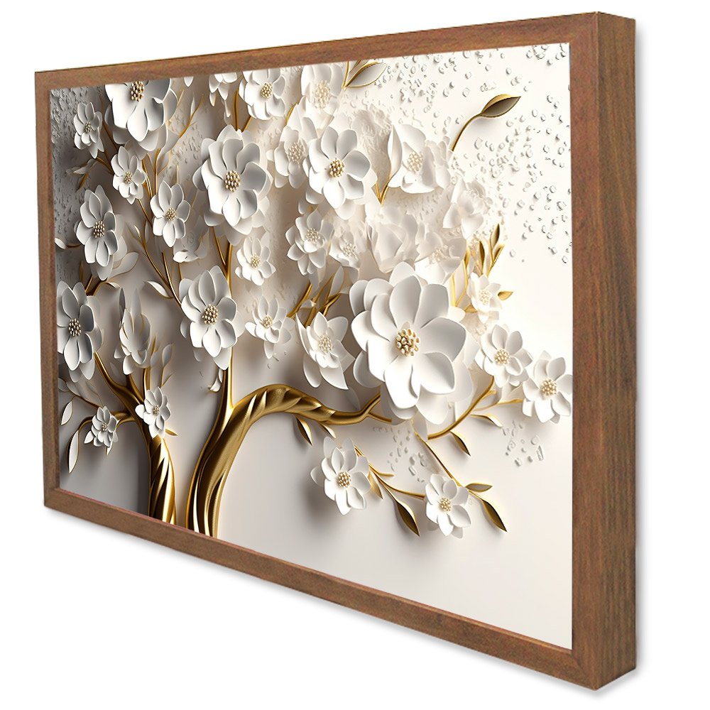 Quadro Decorativo Floral Luxo Primavera Branca em Moldura Caixa Tacolado Moldura Caixa 3cm Madeira S