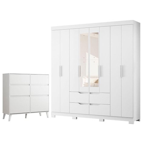 Guarda Roupa Casal Doble 08 Portas com Espelho e Cômoda Sapateira Dora Branco - Móveis Albatroz
