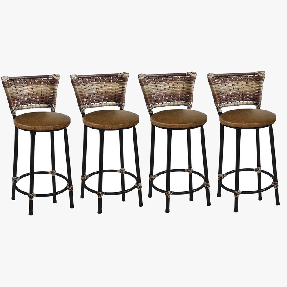 4 Banquetas Baixa Preta com Junco Capuccino e Assento Marrom - 1