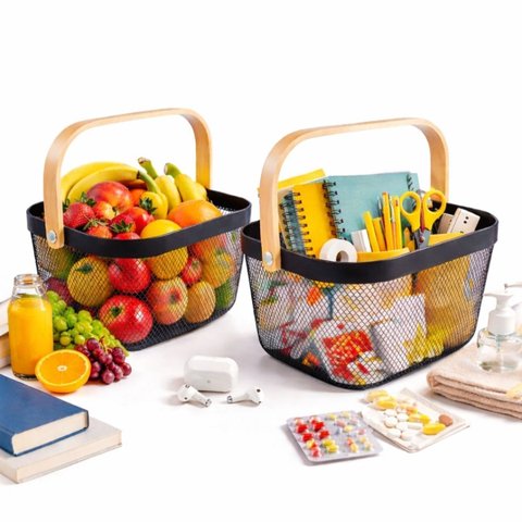 Cesto Organizador Multiuso C/ Alça para Frutas Cozinha Banheiro Escritório Metal Resistente :preto