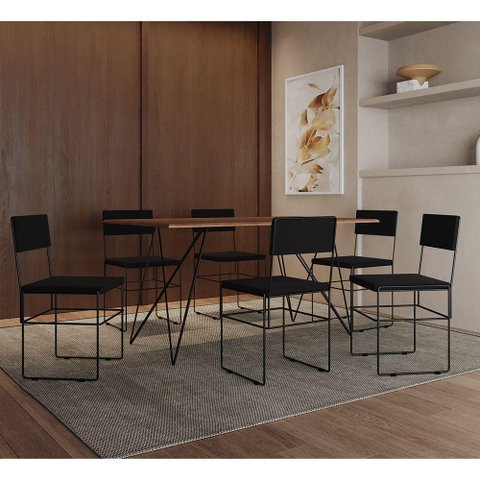 Mesa Jantar Retangular Industrial Trama 1,50x0,90m Amêndoa com 6 Cadeiras Estofadas Vitória Preta