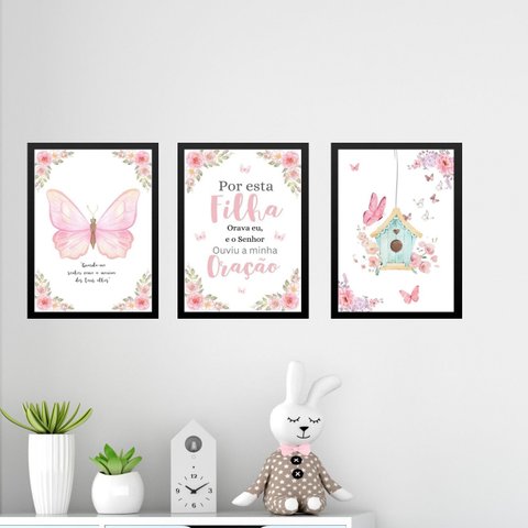 Kit 3 Quadros Infantis Cristãos - Borboleta Rosa 33x24cm:moldura Branca