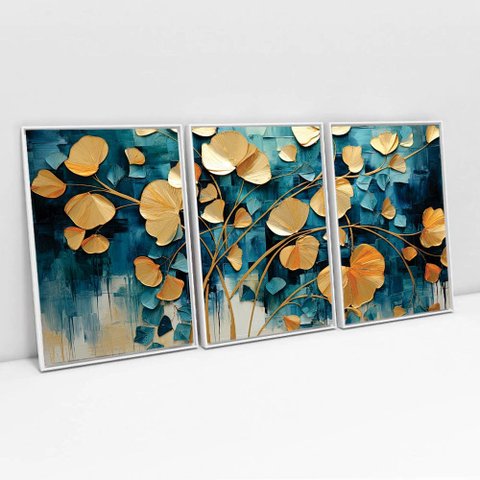 Kit Quadro Decorativo 3 Telas Canvas Flores Douradas em Tons de Azul Tacolado Moldura Flutuante 4,5c
