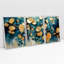 Ver imagem 1 de Kit Quadro Decorativo 3 Telas Canvas Flores Douradas em Tons de Azul Tacolado Moldura Flutuante 4,5c