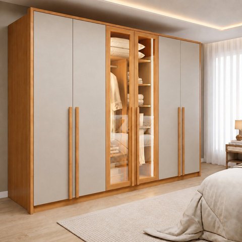Guarda Roupa Casal 6 Portas Vidro Refleta e 6 Gavetas MDF com LED Imperiale Premium