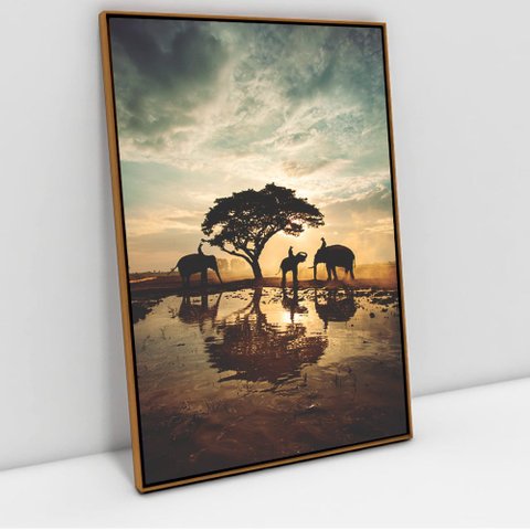 Quadro Decorativo em Canvas Elefante na Selva TaColado Moldura Flutuante 4,5cm Freijó 120 x 80cm