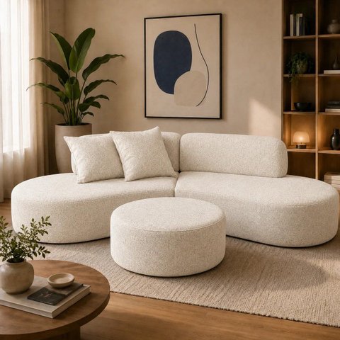 Sofá e Puff Orgânico Virginia 200cm Sala Suede: Marfim