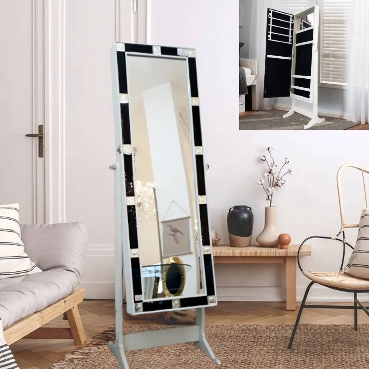 Espelho Armário Porta Jóias De Chão Móvel Detalhes Preto - 1