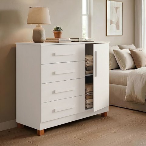 Gaveteiro Cômoda Grécia 4 Gavetas com Porta e Nichos Organização de Roupas para Quarto - Branco