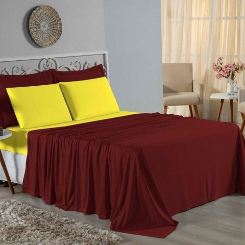 Jogo de Cama Casal Viúva Nobre 4 Peças Malha 100% Algodão - Vinho / Amarelo
