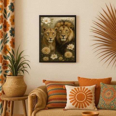 Quadro Arte Leão e Leoa com Flores 45x34cm:moldura Branca