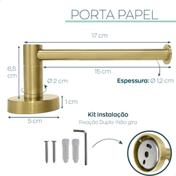Porta Papel Higienico Dourado Escovado Papeleira de Parede Aço Inox Suporte Papel Acessório Banheiro - 4