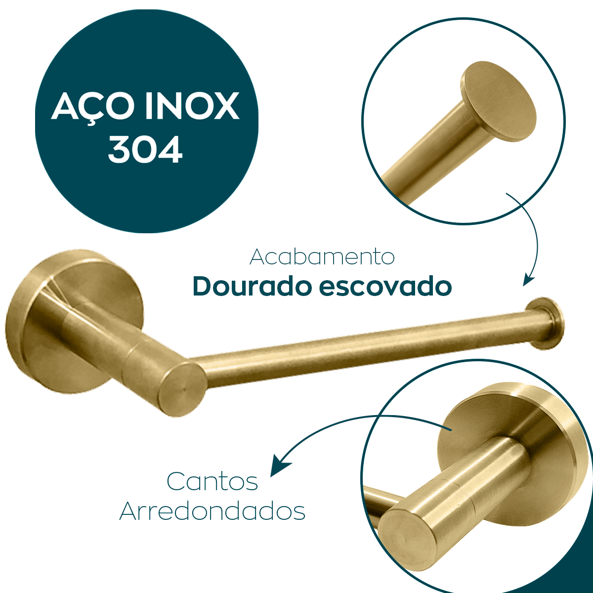 Porta Papel Higienico Dourado Escovado Papeleira de Parede Aço Inox Suporte Papel Acessório Banheiro - 3